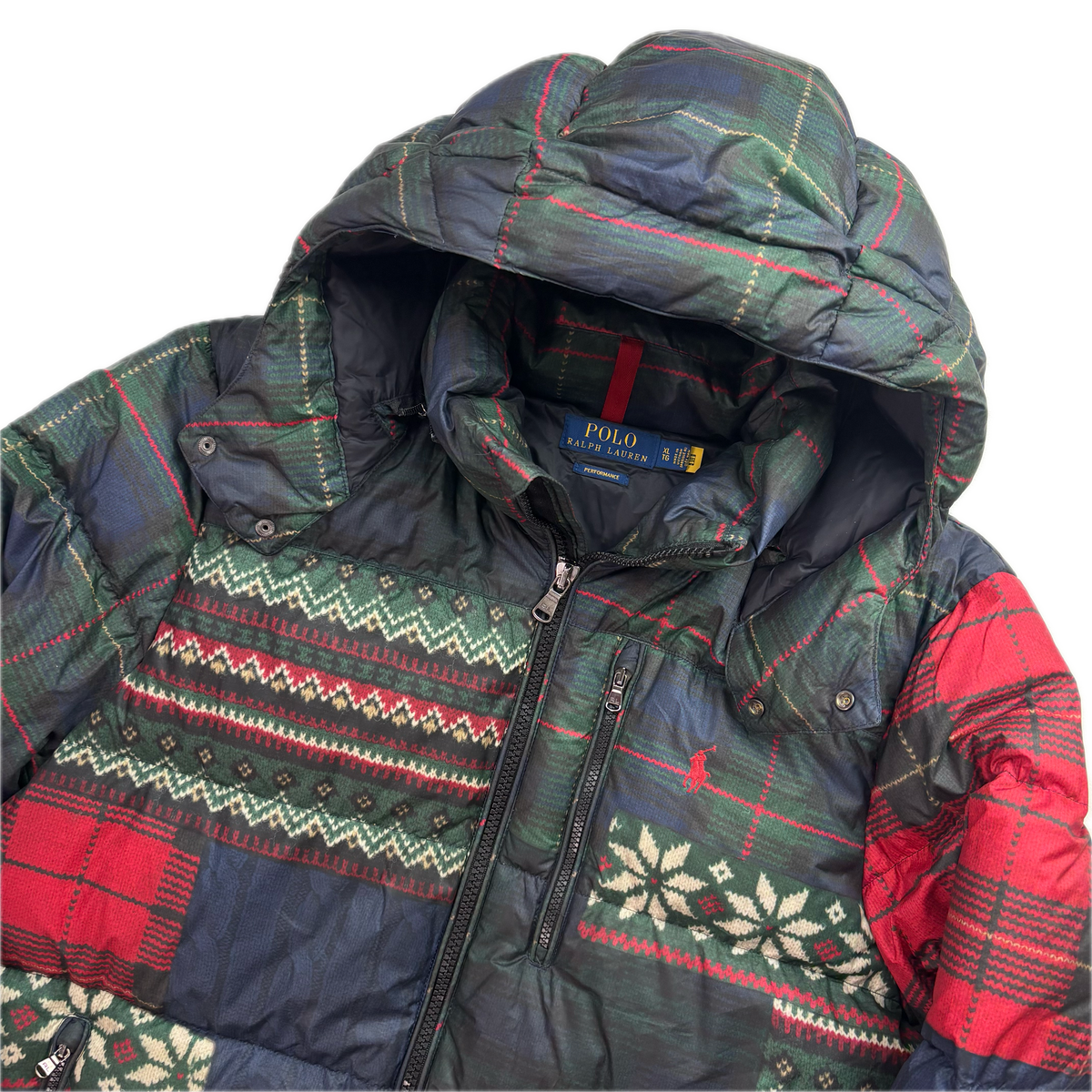 Polo Ralph Lauren Patchwork Graphic Plaid Fairisle Puffer Jacket Down Coat - XL