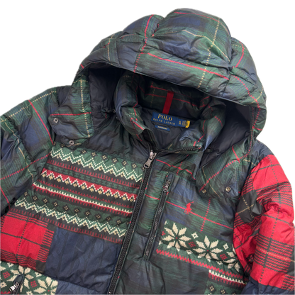 Polo Ralph Lauren Patchwork Graphic Plaid Fairisle Puffer Jacket Down Coat - XL