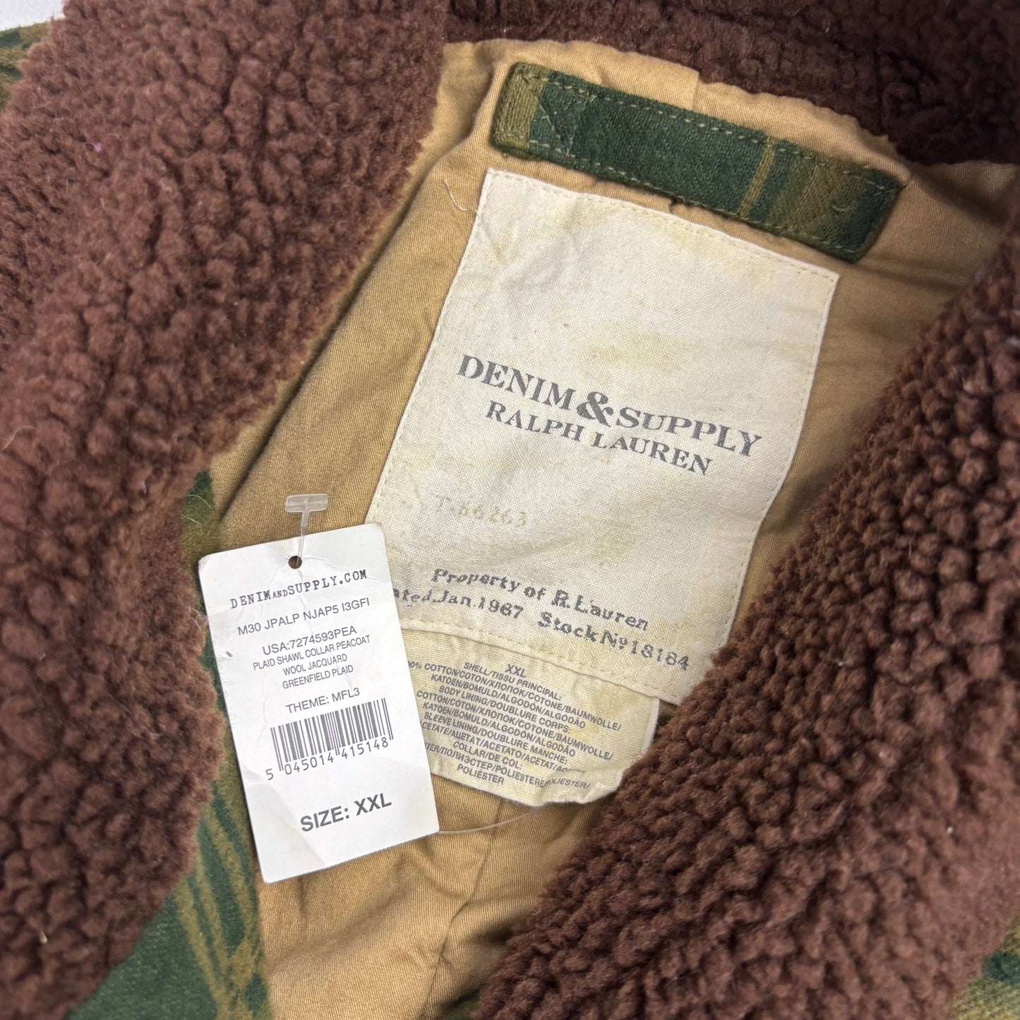 Ralph Lauren Denim Supply Green Jacquard Pattern Sherpa Collar Jacket - XXL