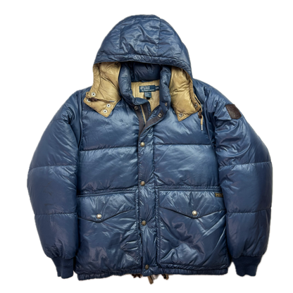 Polo Ralph Lauren Blue Sportsman Patch Puffer Jacket Hooded Down Coat - M