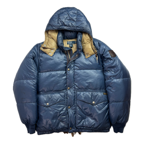 Polo Ralph Lauren Blue Sportsman Patch Puffer Jacket Hooded Down Coat - M