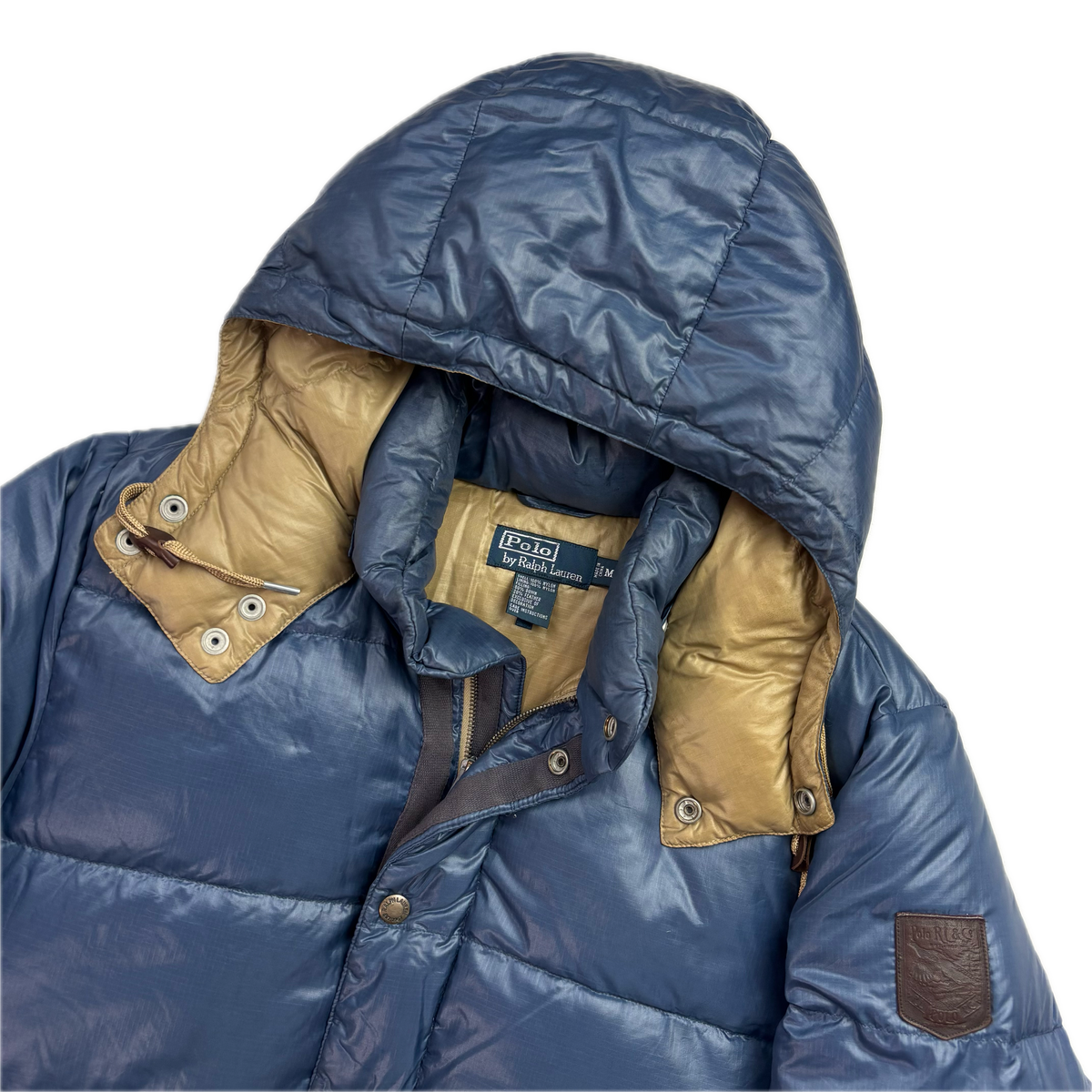 Polo Ralph Lauren Blue Sportsman Patch Puffer Jacket Hooded Down Coat - M