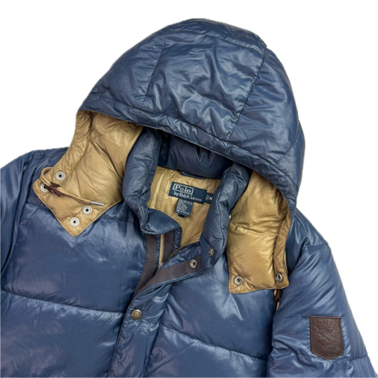 Polo Ralph Lauren Blue Sportsman Patch Puffer Jacket Hooded Down Coat - M