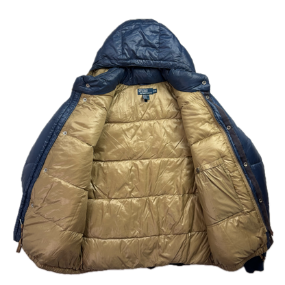 Polo Ralph Lauren Blue Sportsman Patch Puffer Jacket Hooded Down Coat - M