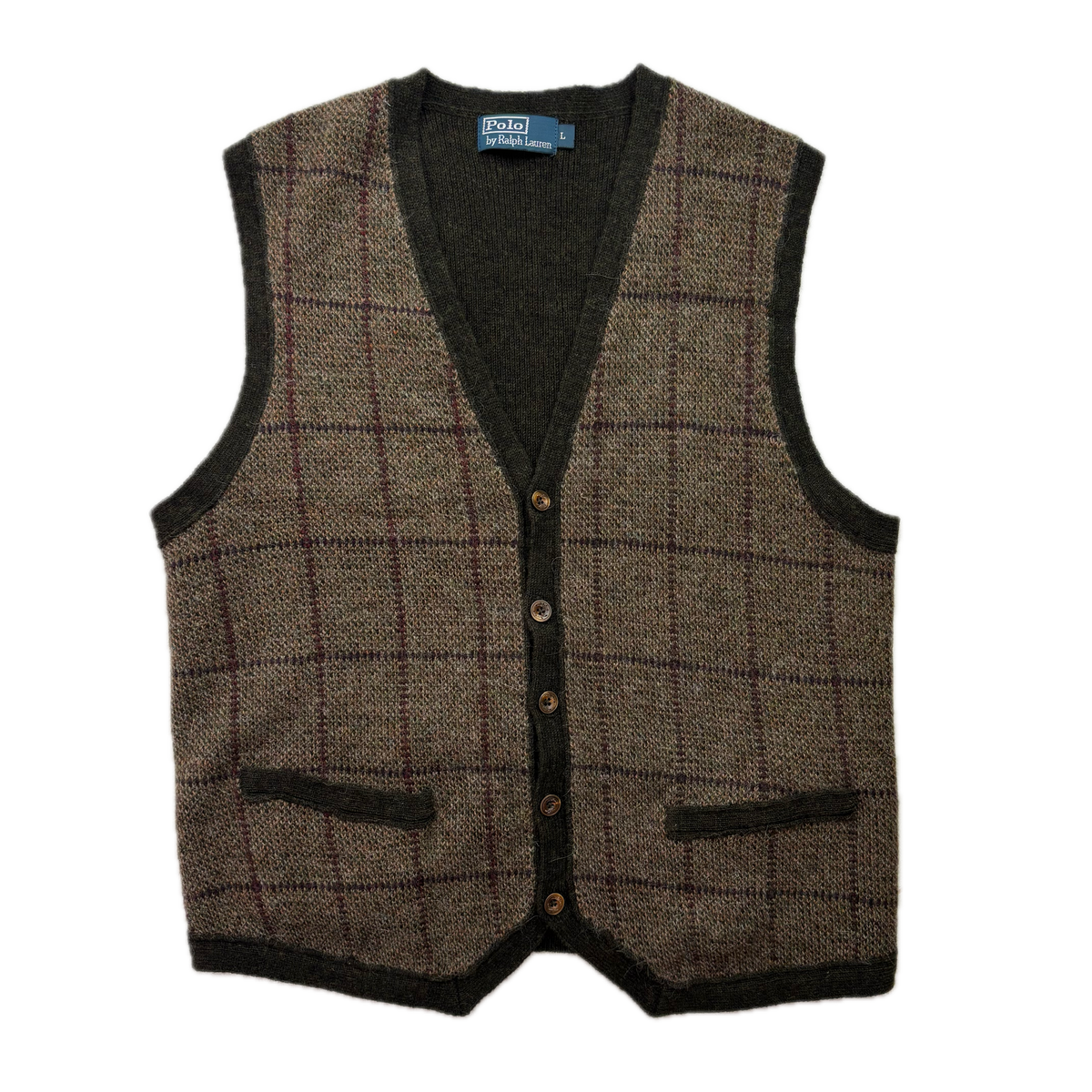 Polo Ralph Lauren Brown Green Tweed Windowpane Waistcoat (Wool Alpaca) - L