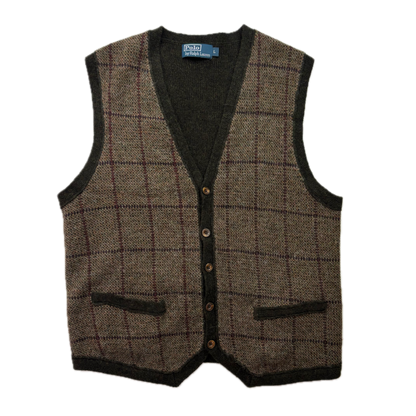 Polo Ralph Lauren Brown Green Tweed Windowpane Waistcoat (Wool Alpaca) - L
