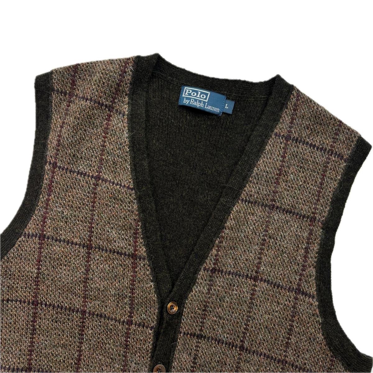 Polo Ralph Lauren Brown Green Tweed Windowpane Waistcoat (Wool Alpaca) - L