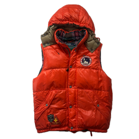 Polo Ralph Lauren Orange Ski Patrol Club Hooded Plaid Lined Body Warmer Gilet - M