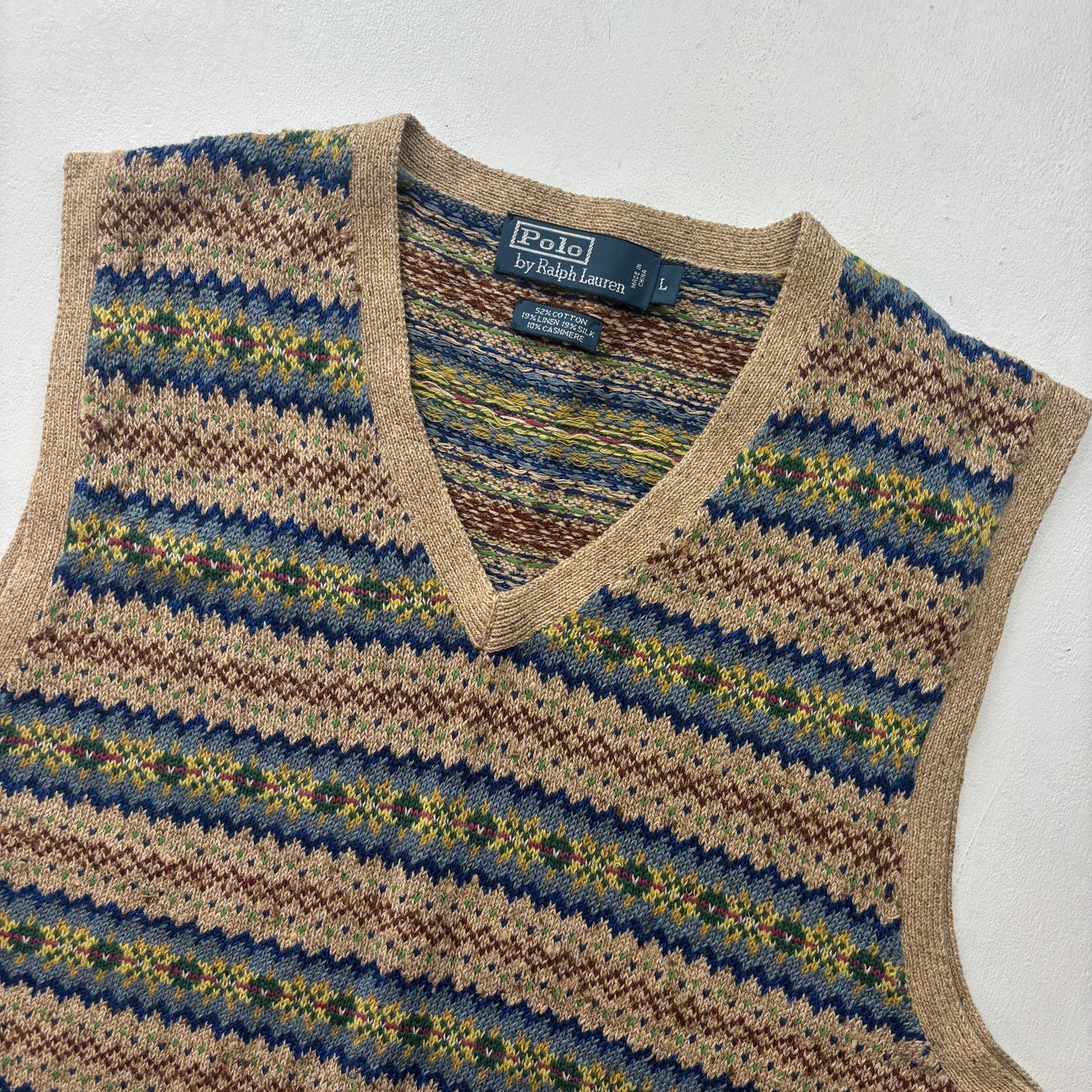 Polo Ralph Lauren Beige Fairisle Vest (Cotton Linen Silk Cashmere) - L