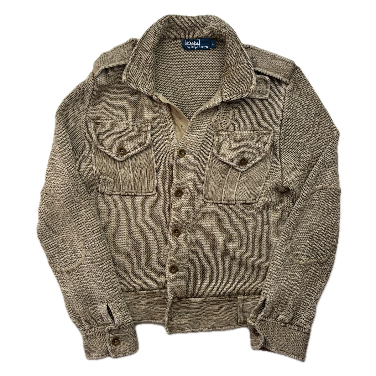 Polo Ralph Lauren Khaki Beige Military Distressed Cardigan (Linen) - L