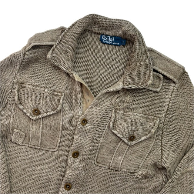 Polo Ralph Lauren Khaki Beige Military Distressed Cardigan (Linen) - L