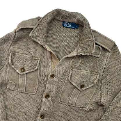Polo Ralph Lauren Khaki Beige Military Distressed Cardigan (Linen) - L