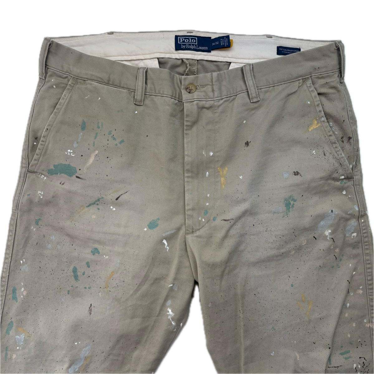 Polo Ralph Lauren Paint Splatter Distressed Beige Salinger Chinos Straight Fit - 34x32
