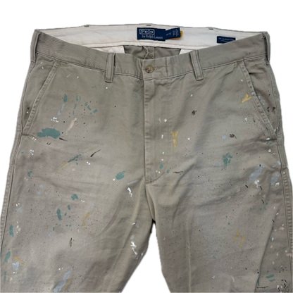 Polo Ralph Lauren Paint Splatter Distressed Beige Salinger Chinos Straight Fit - 34x32