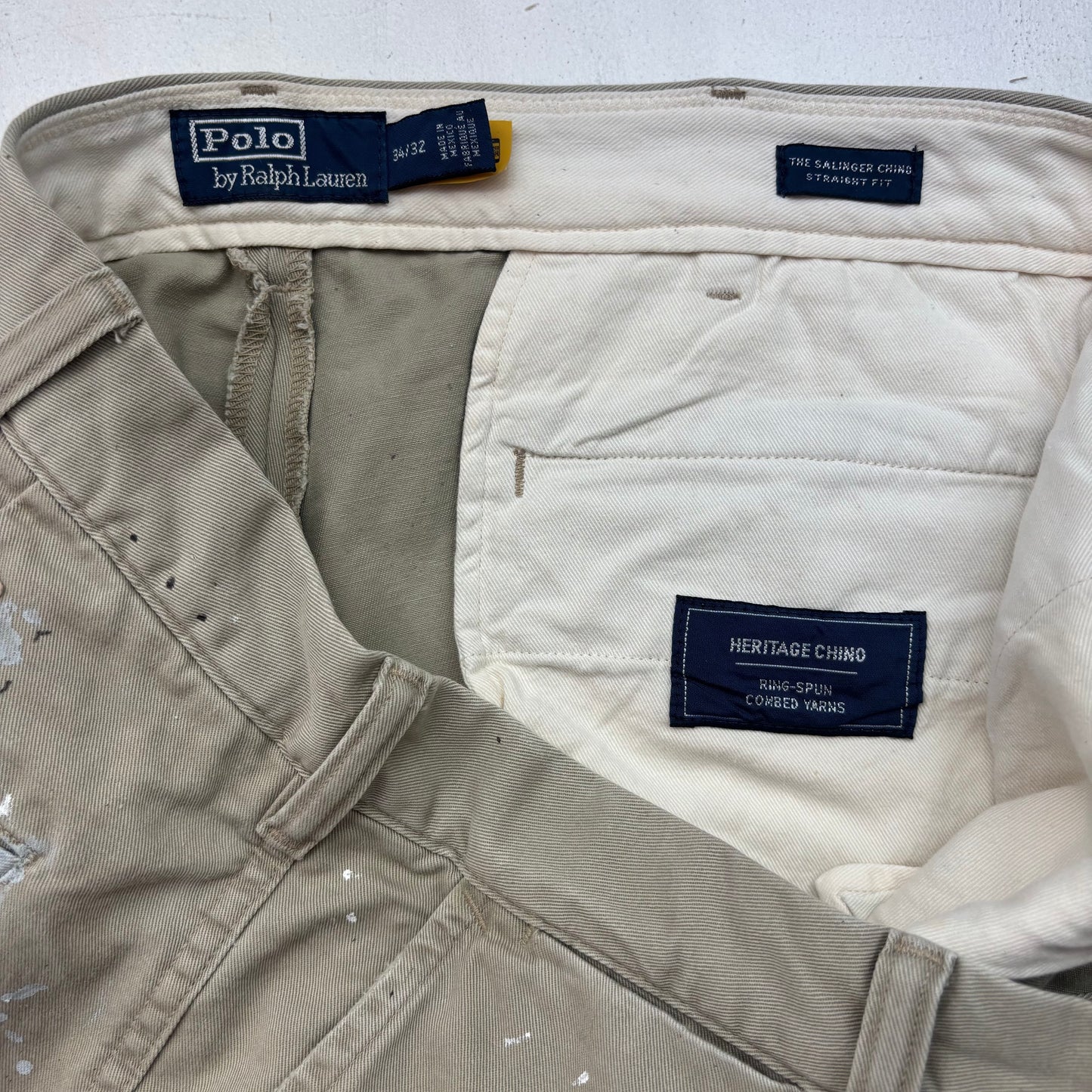 Polo Ralph Lauren Paint Splatter Distressed Beige Salinger Chinos Straight Fit - 34x32