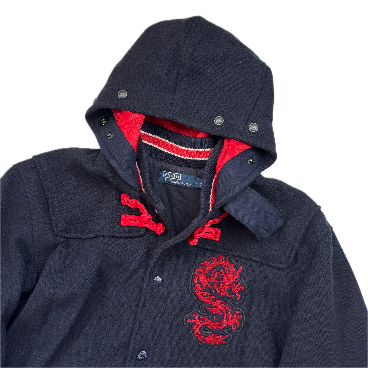 Polo Ralph Lauren x CLOT Navy Wool Blend Hooded Dragon Patch Varsity Jacket - L