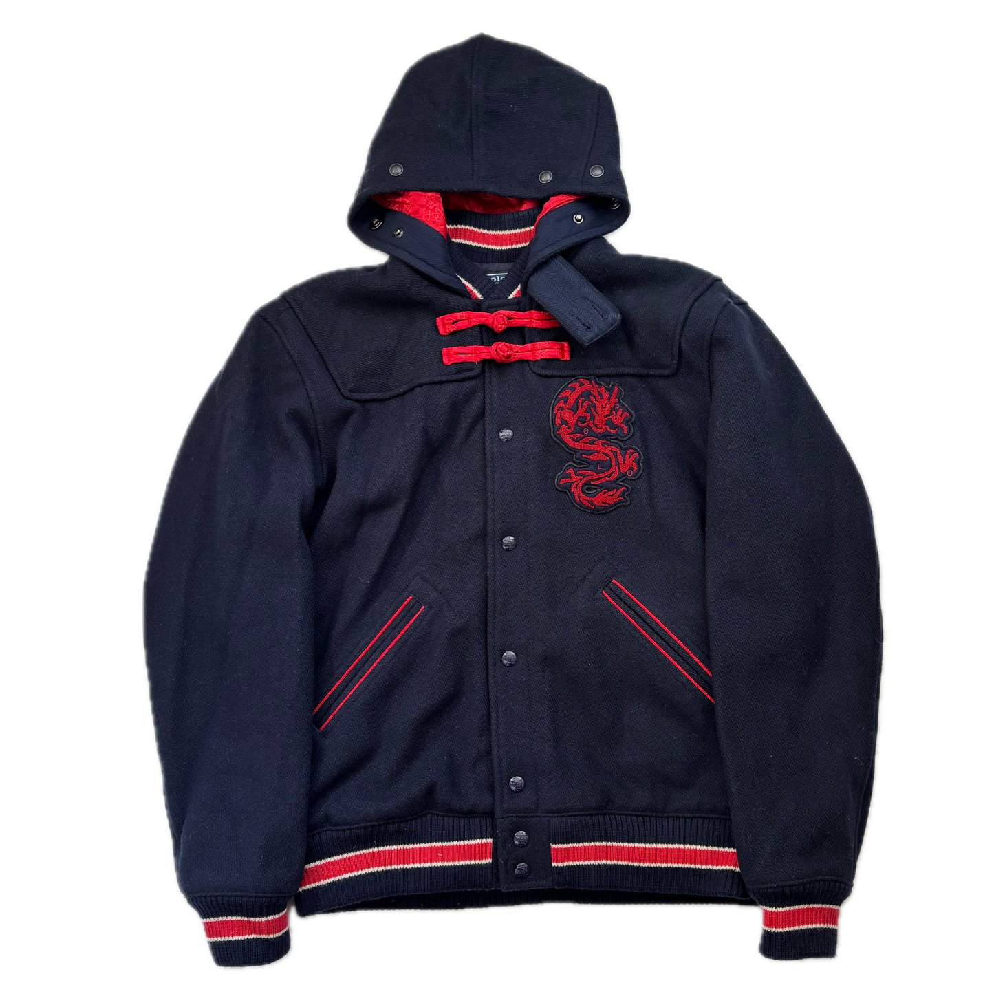 Polo Ralph Lauren x CLOT Navy Wool Blend Hooded Dragon Patch Varsity Jacket - L