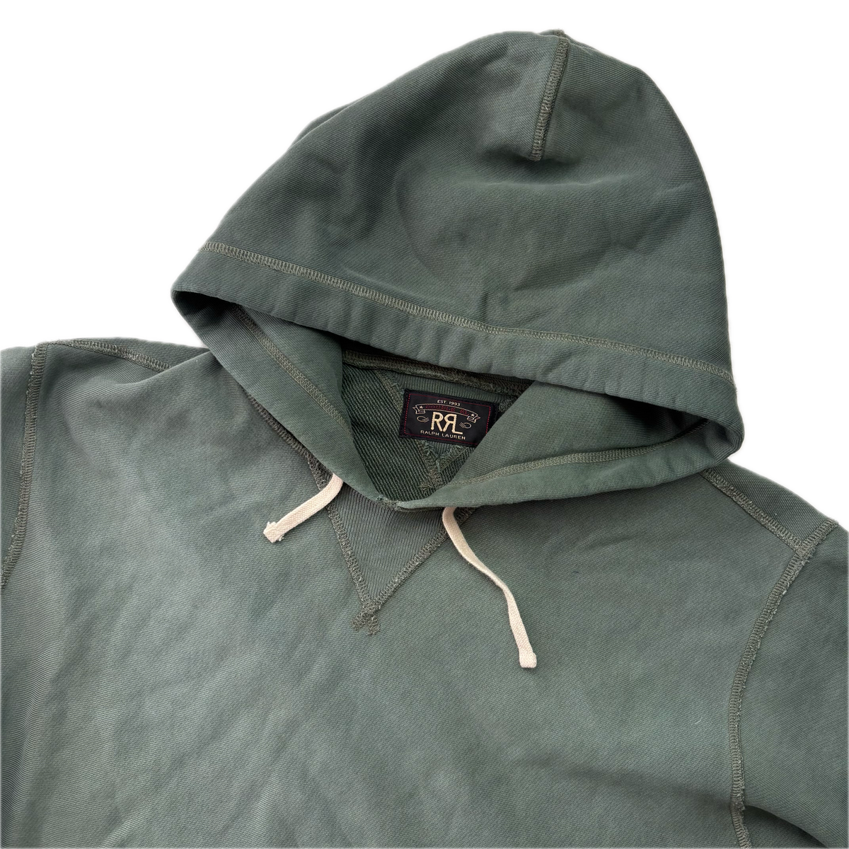 RRL Faded Green Garment Dyed French Terry Hoodie  (Cotton) - L