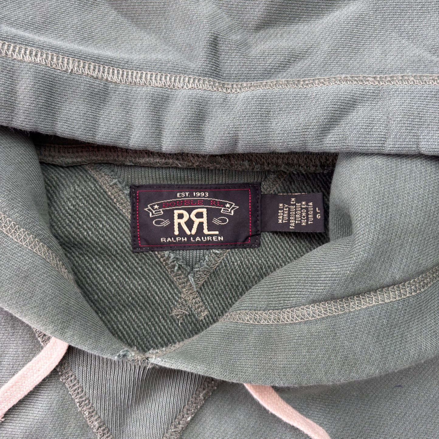 RRL Faded Green Garment Dyed French Terry Hoodie  (Cotton) - L