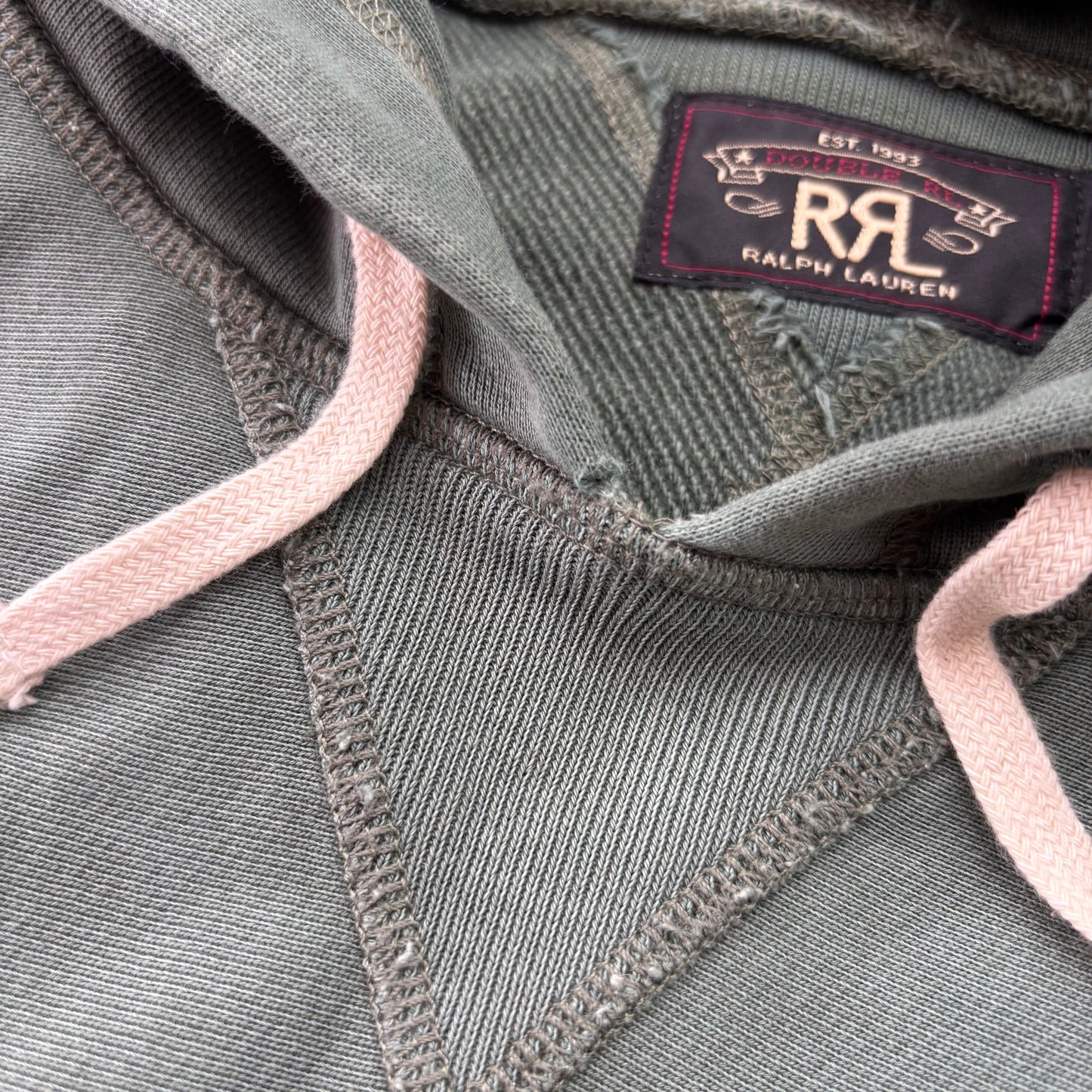 RRL Faded Green Garment Dyed French Terry Hoodie  (Cotton) - L