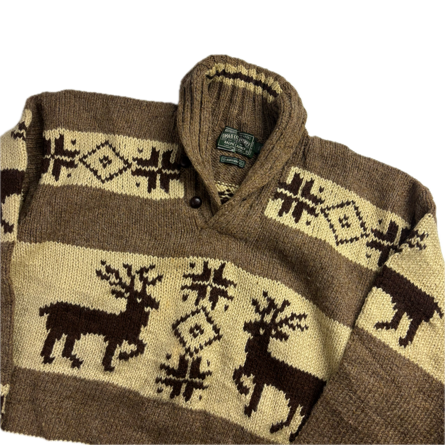 Ralph Lauren Polo Country Reindeer Shawl Neck Pattern Hand Knit Jumper (Wool) - XL