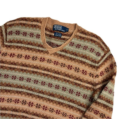Polo Ralph Lauren Fairisle Jumper V-Neck Hand Knit Sweater (Linen Cotton) - S