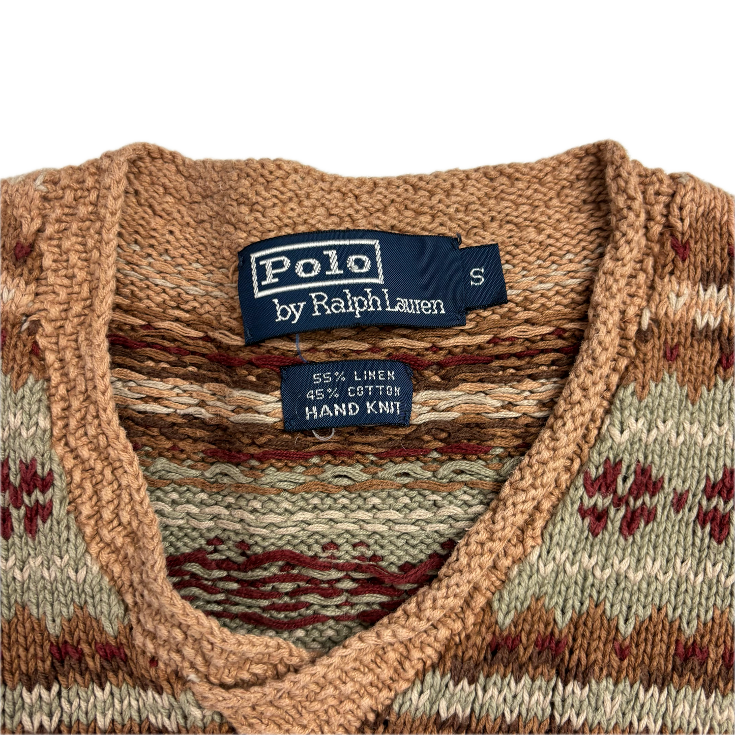 Polo Ralph Lauren Fairisle Jumper V-Neck Hand Knit Sweater (Linen Cotton) - S