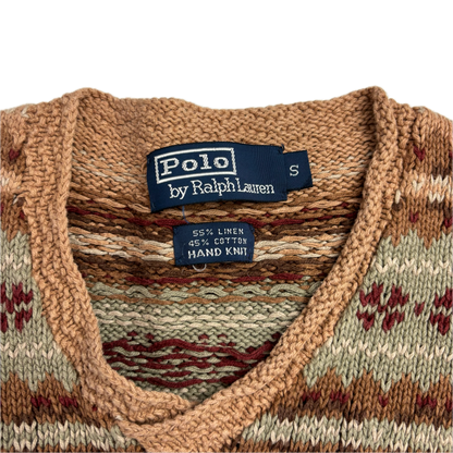 Polo Ralph Lauren Fairisle Jumper V-Neck Hand Knit Sweater (Linen Cotton) - S