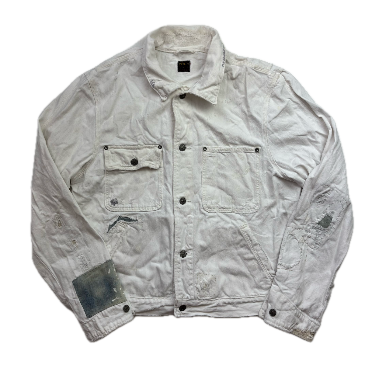 Polo Ralph Lauren White Denim Trucker Jacket Distressed Patchwork - XL