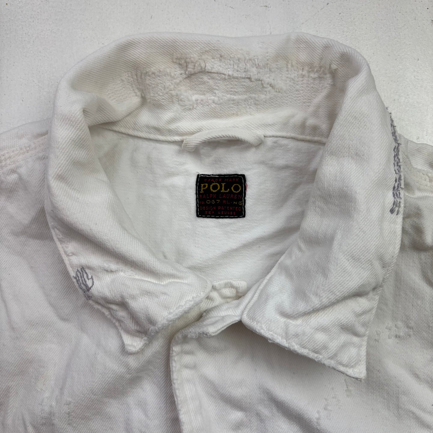Polo Ralph Lauren White Denim Trucker Jacket Distressed Patchwork - XL