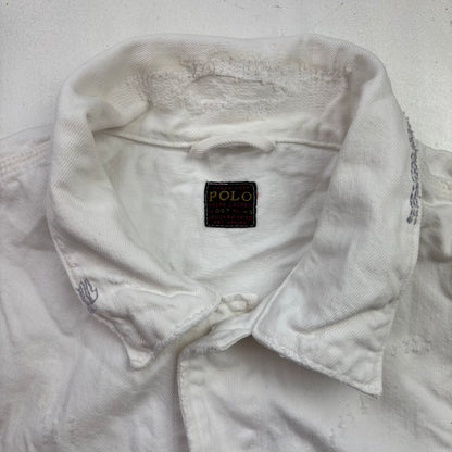 Polo Ralph Lauren White Denim Trucker Jacket Distressed Patchwork - XL