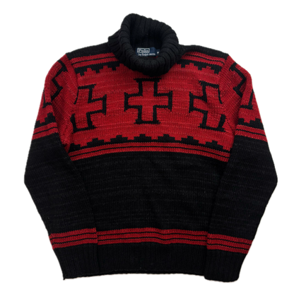 Polo Ralph Lauren Hand Knit Navajo Aztec Jumper Roll Neck Sweater (Wool Linen Silk) - M