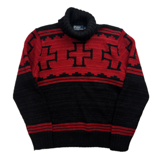Polo Ralph Lauren Hand Knit Navajo Aztec Jumper Roll Neck Sweater (Wool Linen Silk) - M