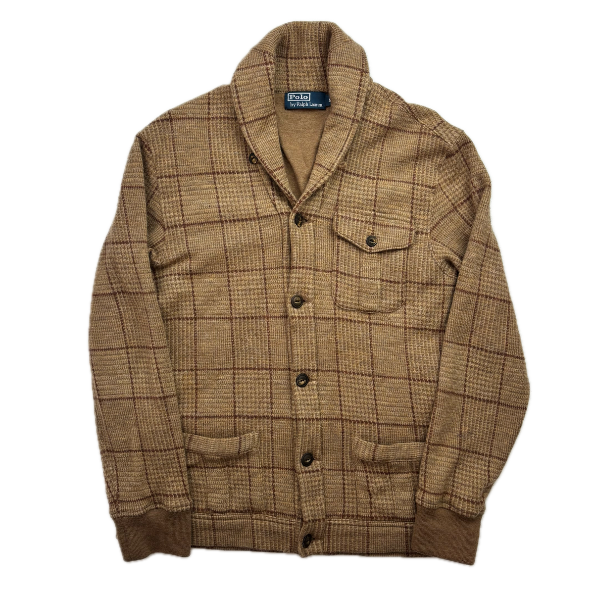 Polo Ralph Lauren Glen Plaid Tweed Brown Shawl Collar Half Norfolk Cardigan (Wool) - M (S)