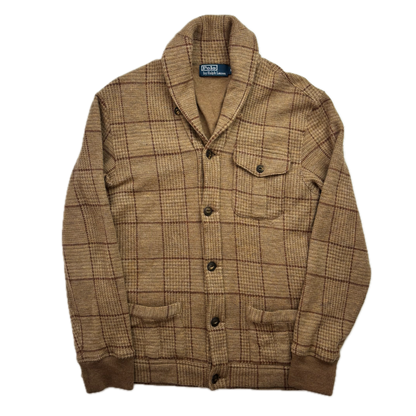 Polo Ralph Lauren Glen Plaid Tweed Brown Shawl Collar Half Norfolk Cardigan (Wool) - M (S)