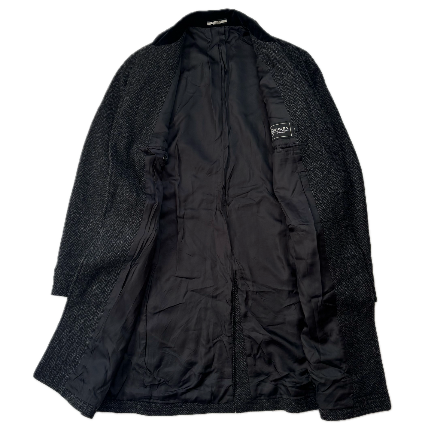 Rugby Ralph Lauren Dark Grey Herringbone Paddock Coat Overcoat (Wool) - L