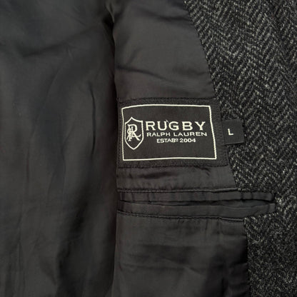 Rugby Ralph Lauren Dark Grey Herringbone Paddock Coat Overcoat (Wool) - L