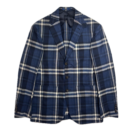 Polo Ralph Lauren Blue Plaid Blazer Latch Collar Sports Jacket Madras (Linen Cotton) -36R