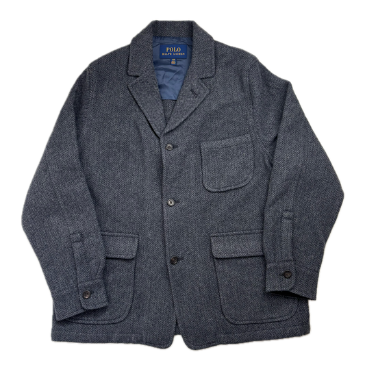 Polo Ralph Lauren Navy Blue Grey Herringbone Blazer Chore Coat (Wool Blend) - 44R