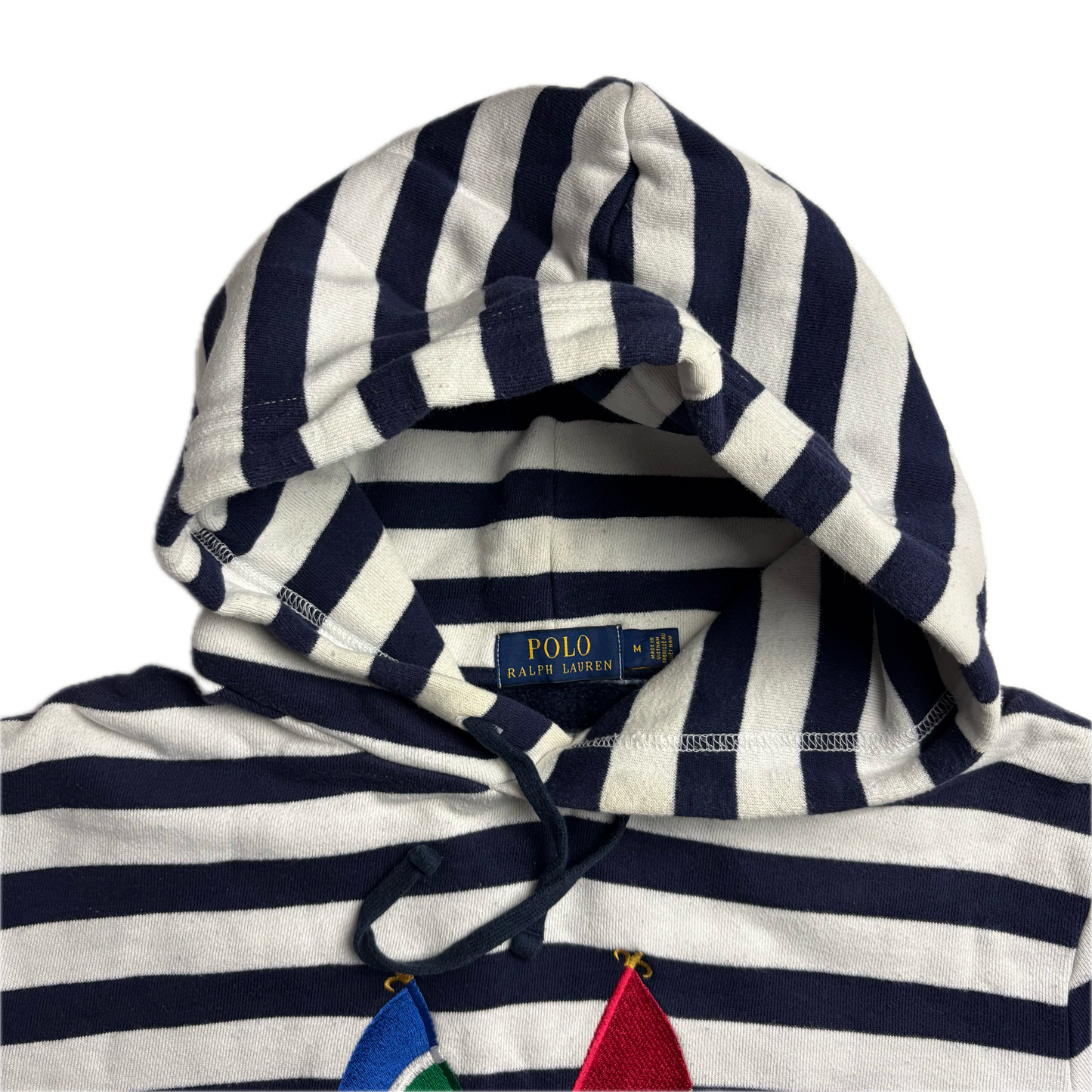 Polo Ralph Lauren White Navy Cross Flags Striped Hoodie Retro - M