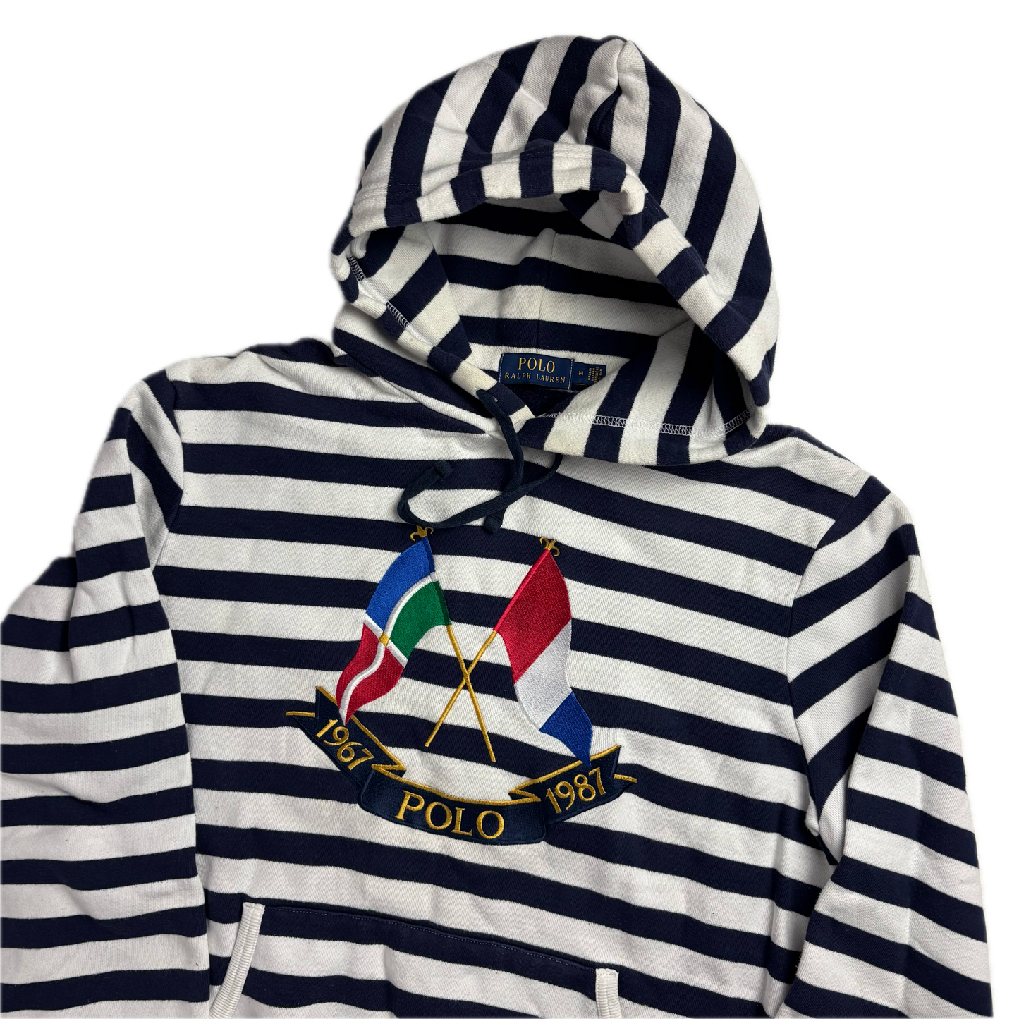 Polo Ralph Lauren White Navy Cross Flags Striped Hoodie Retro - M