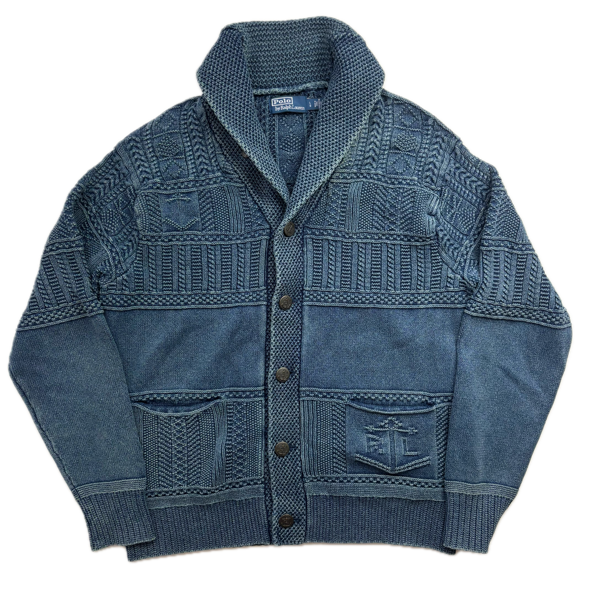 Polo Ralph Lauren Indigo Blue Aran Knit Anchor Shawl Cardigan (Cotton) - L