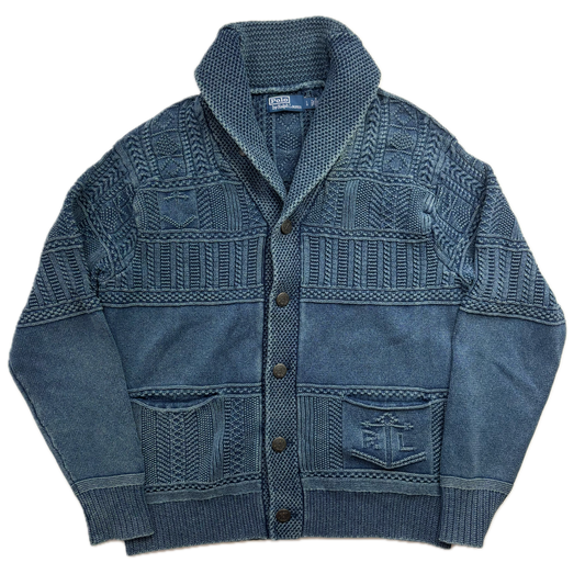 Polo Ralph Lauren Indigo Blue Aran Knit Anchor Shawl Cardigan (Cotton) - L