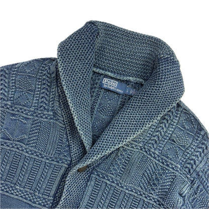 Polo Ralph Lauren Indigo Blue Aran Knit Anchor Shawl Cardigan (Cotton) - L