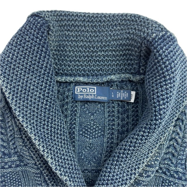 Polo Ralph Lauren Indigo Blue Aran Knit Anchor Shawl Cardigan (Cotton) - L