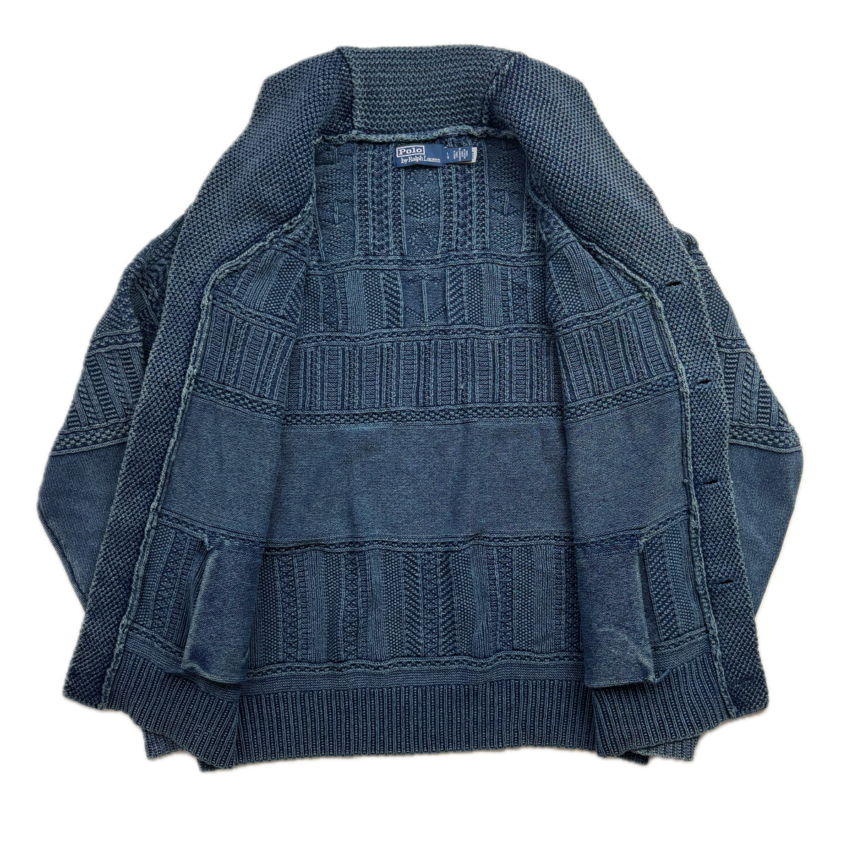 Polo Ralph Lauren Indigo Blue Aran Knit Anchor Shawl Cardigan (Cotton) - L