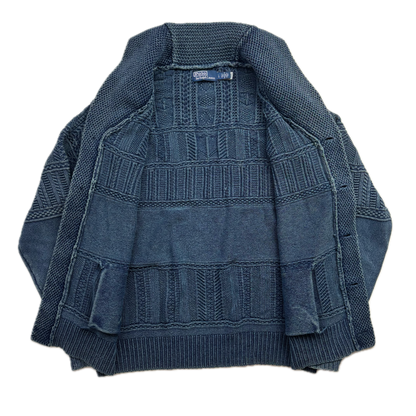 Polo Ralph Lauren Indigo Blue Aran Knit Anchor Shawl Cardigan (Cotton) - L