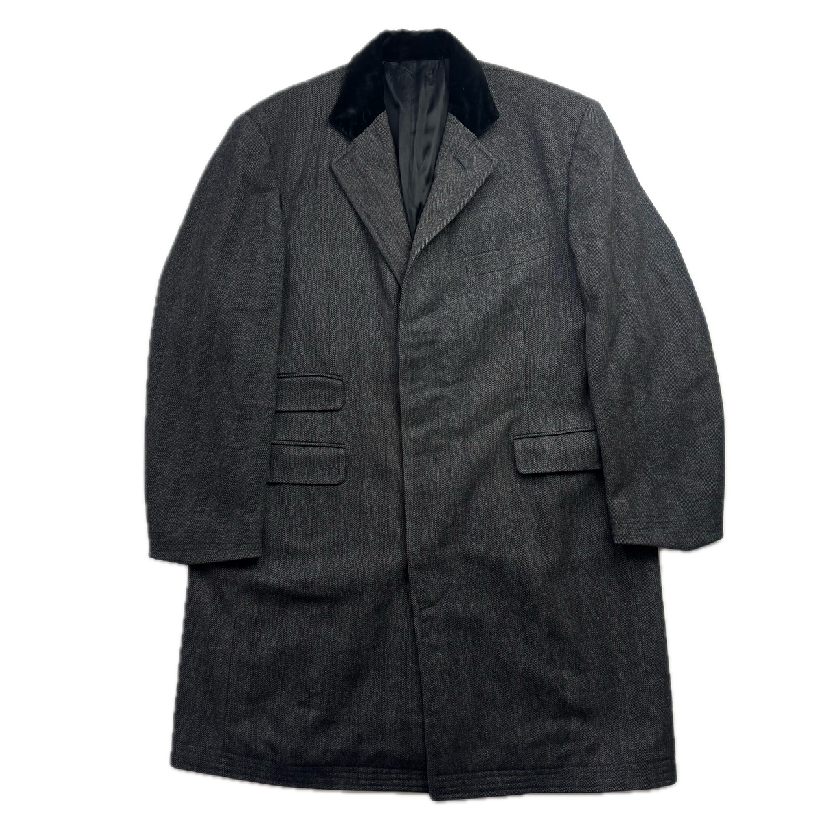Polo Ralph Lauren 80s Grey Herringbone Paddock Coat Overcoat (Lambswool) - 44R