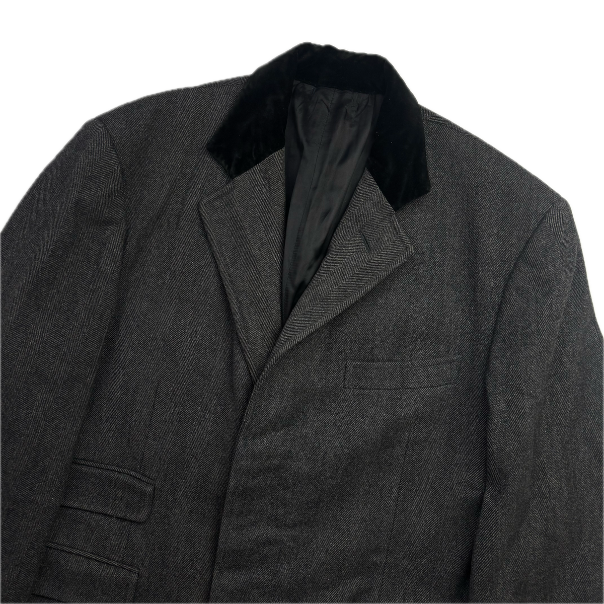 Polo Ralph Lauren 80s Grey Herringbone Paddock Coat Overcoat (Lambswool) - 44R