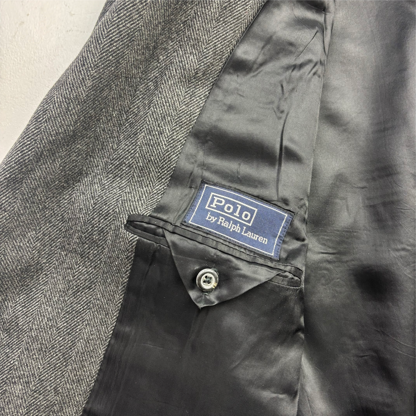 Polo Ralph Lauren 80s Grey Herringbone Paddock Coat Overcoat (Lambswool) - 44R